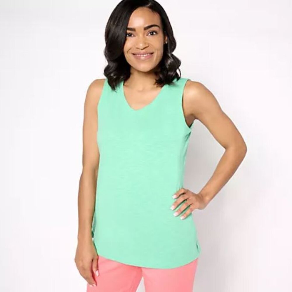 Denim & Co. Women's Top Sz SEssentials Texture Knit V-Neck Tank Jade A640685